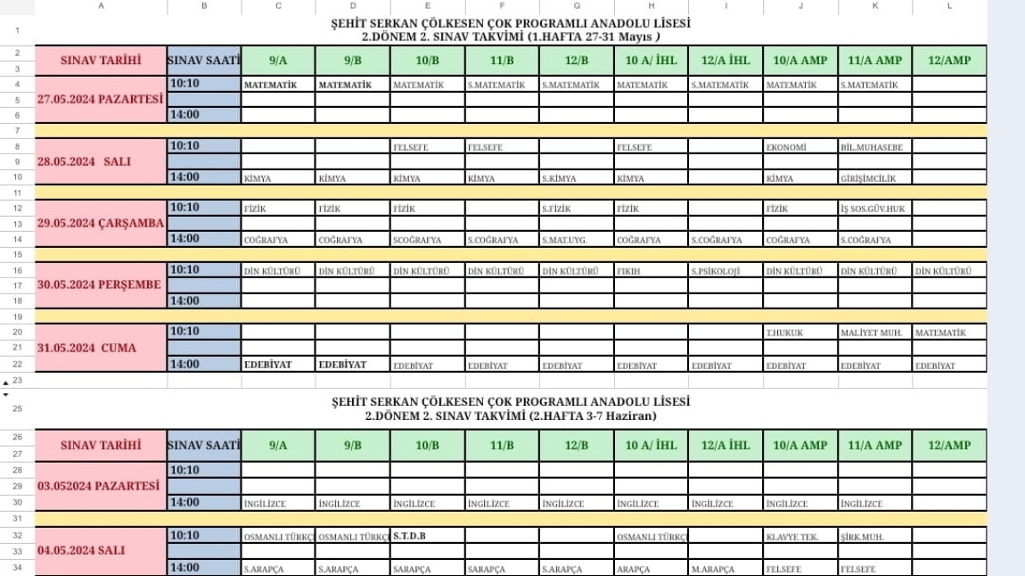 2023-2024 2. Dönem 2. Yazılı Sınav Tarihleri